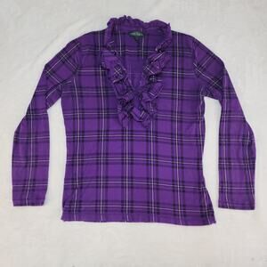 Whimsigoth Dark Acdemia Purple Plaid Ruffle Shirt Womens Medium Ralph Lauren
